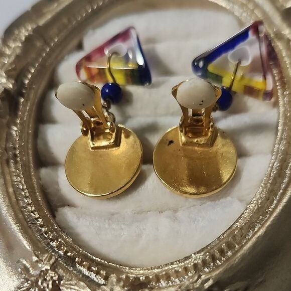 Matte Gold Clip On Earrings with Multicolor Glass Accent Drop - Picture 5 of 6